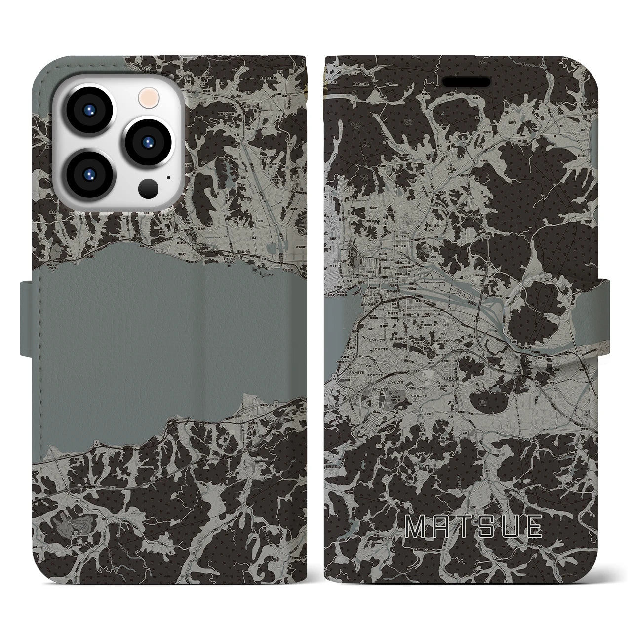 【松江(島根県)】地図柄iPhoneケース(手帳タイプ)モノトーン・iPhone 13 Pro 用