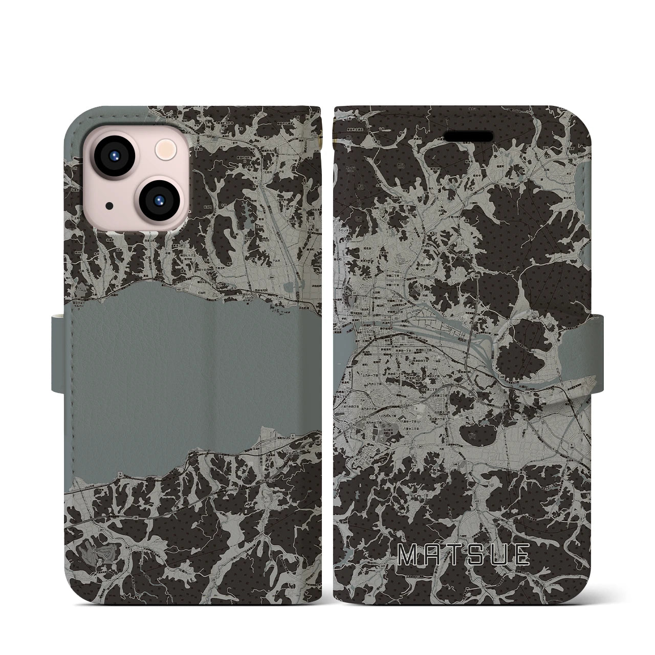 【松江(島根県)】地図柄iPhoneケース(手帳タイプ)モノトーン・iPhone 13 mini 用