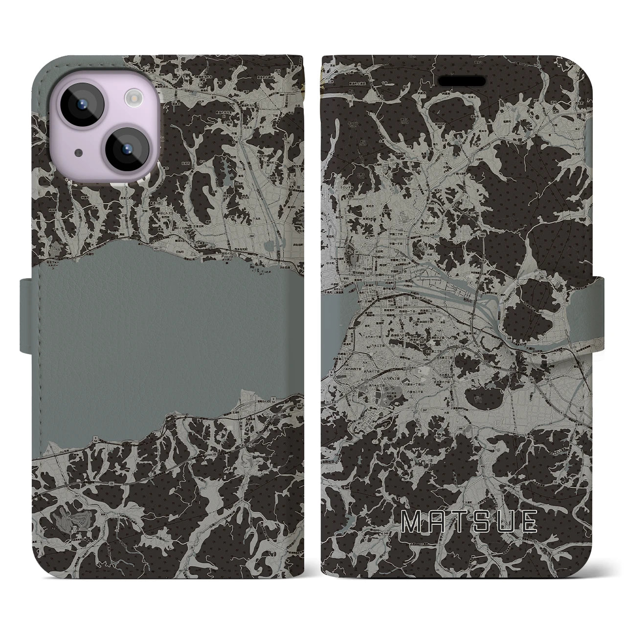 【松江(島根県)】地図柄iPhoneケース(手帳タイプ)モノトーン・iPhone 14 用