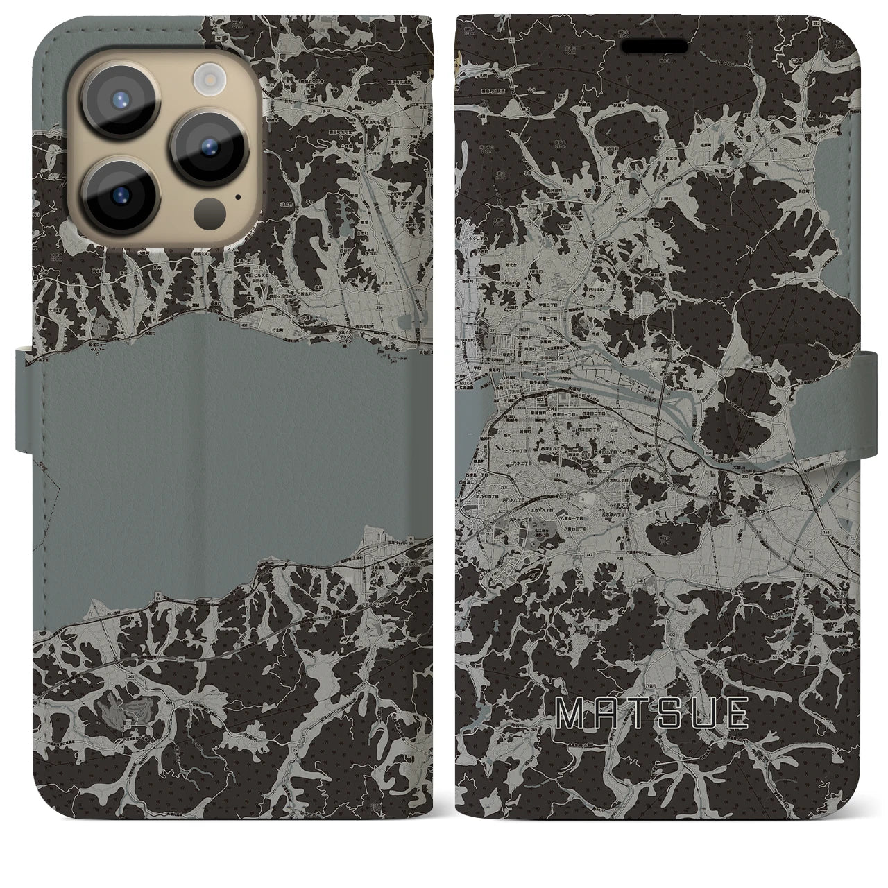 【松江(島根県)】地図柄iPhoneケース(手帳タイプ)モノトーン・iPhone 14 Pro Max 用