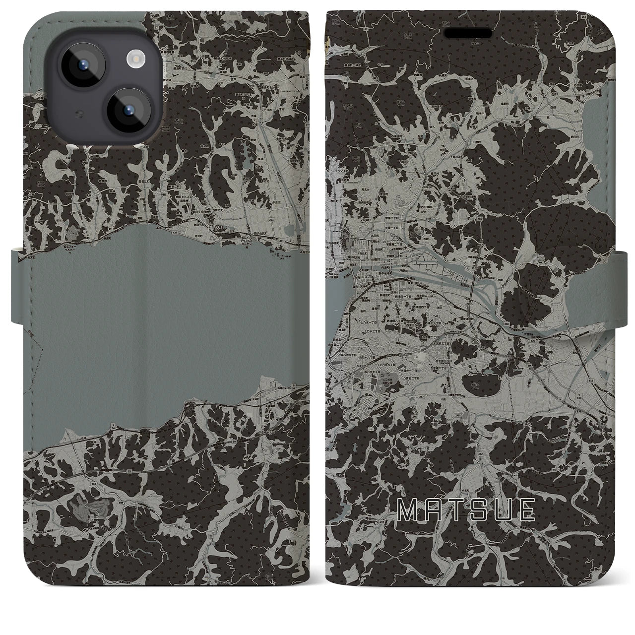 【松江(島根県)】地図柄iPhoneケース(手帳タイプ)モノトーン・iPhone 14 Plus 用