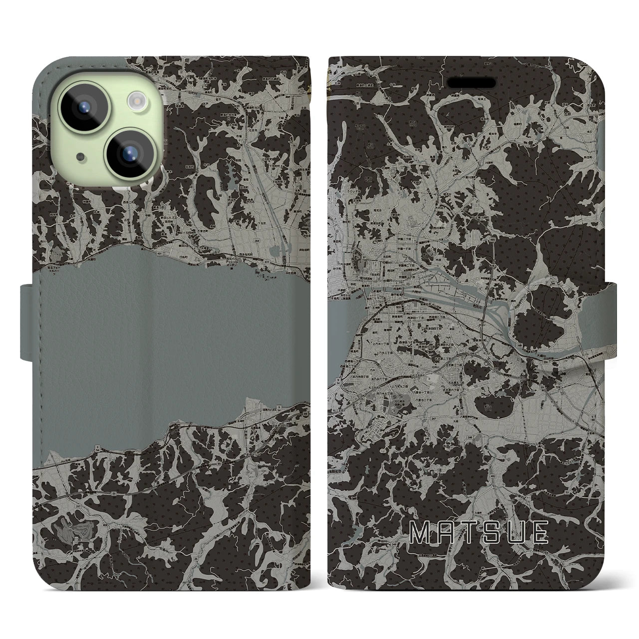 【松江(島根県)】地図柄iPhoneケース(手帳タイプ)モノトーン・iPhone 15 用