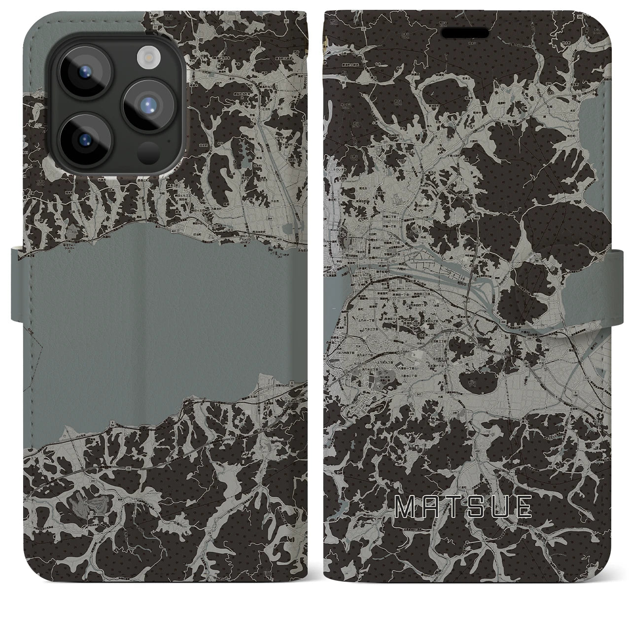 【松江(島根県)】地図柄iPhoneケース(手帳タイプ)モノトーン・iPhone 15 Pro Max 用