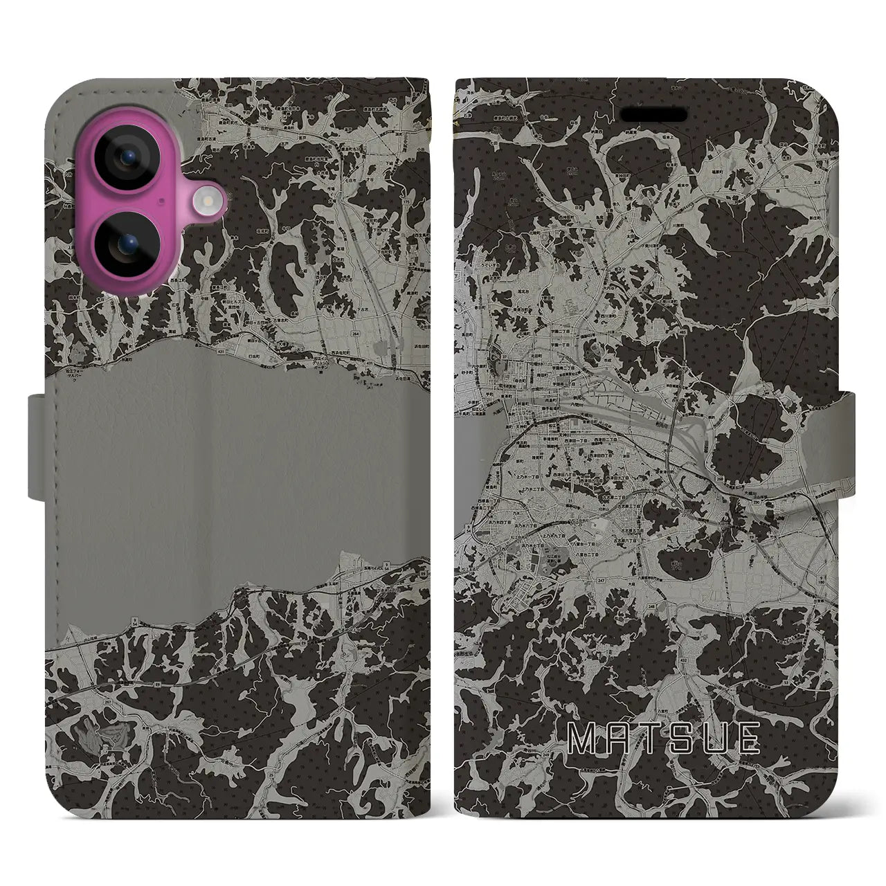 【松江(島根県)】地図柄iPhoneケース(手帳タイプ)モノトーン・iPhone 16 Pro 用