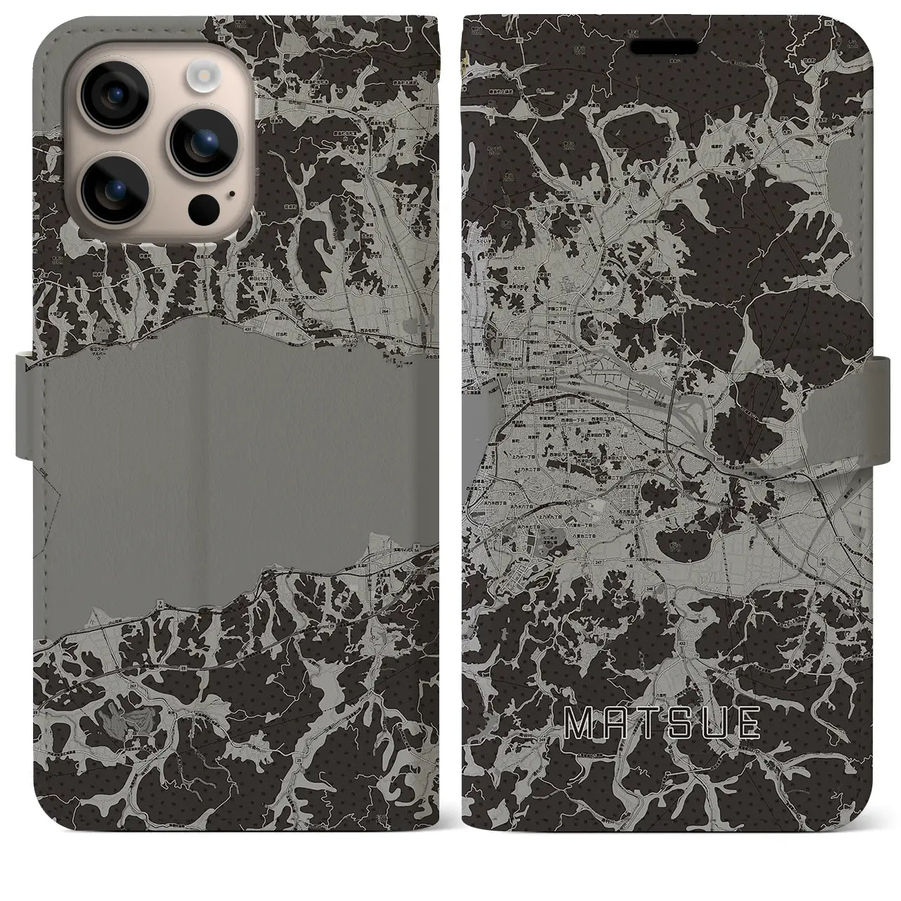 【松江(島根県)】地図柄iPhoneケース(手帳タイプ)モノトーン・iPhone 16 Plus 用