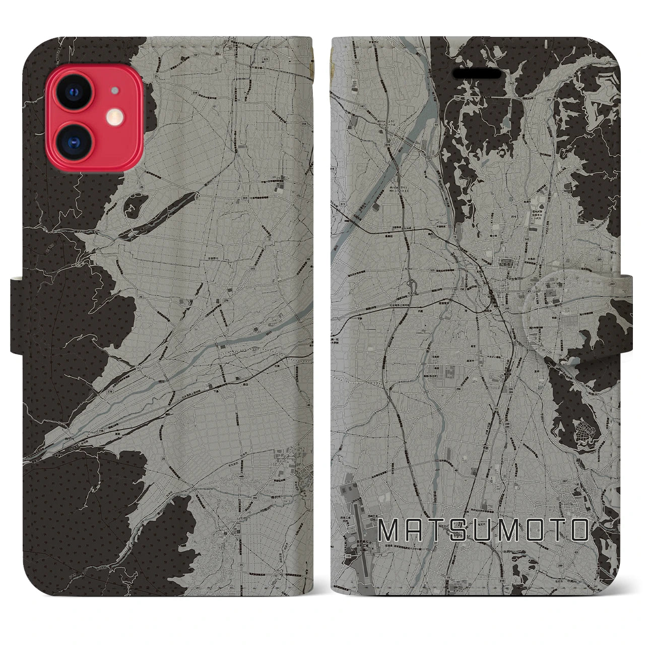 【松本(長野県)】地図柄iPhoneケース(手帳タイプ)モノトーン・iPhone 11 用