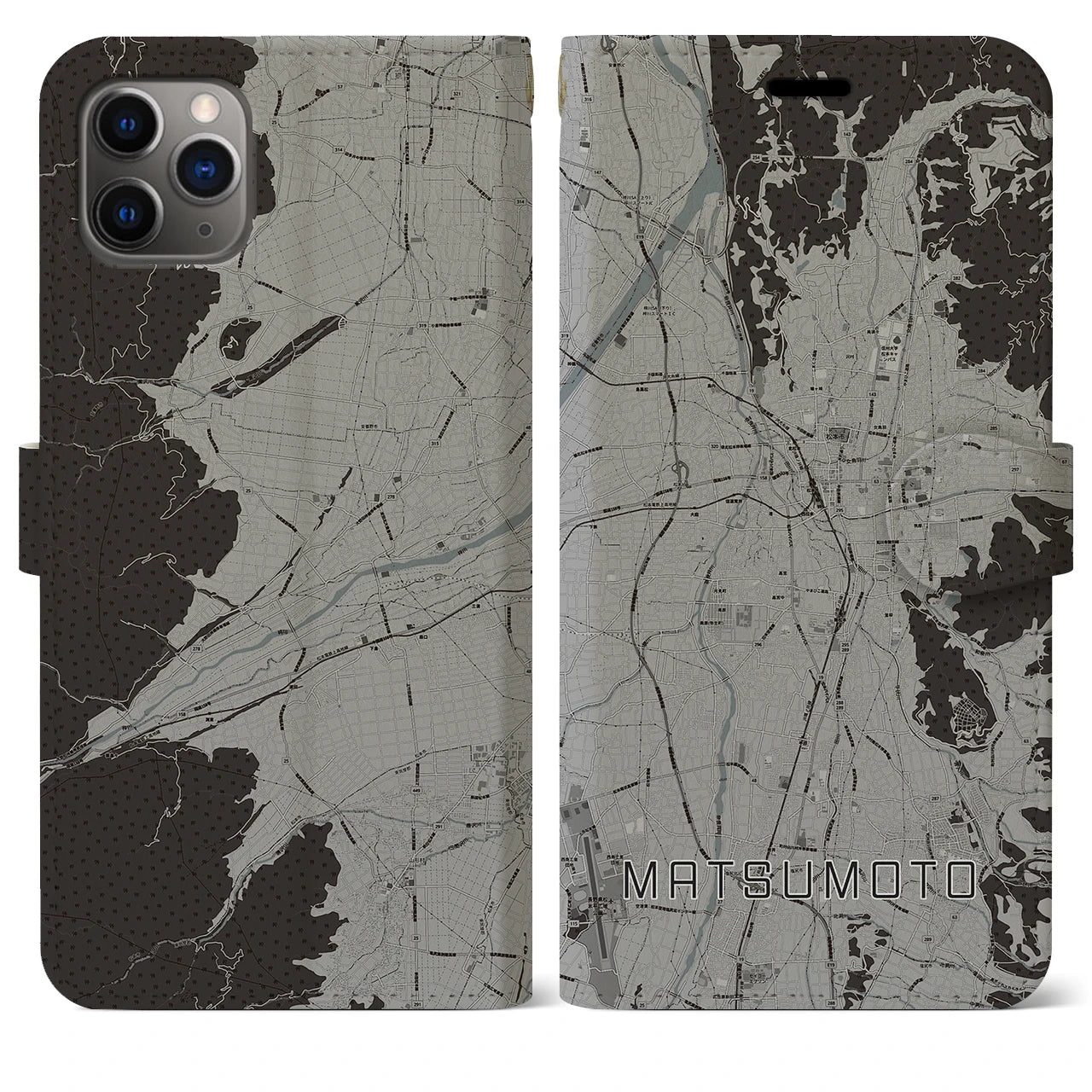 【松本(長野県)】地図柄iPhoneケース(手帳タイプ)モノトーン・iPhone 11 Pro Max 用