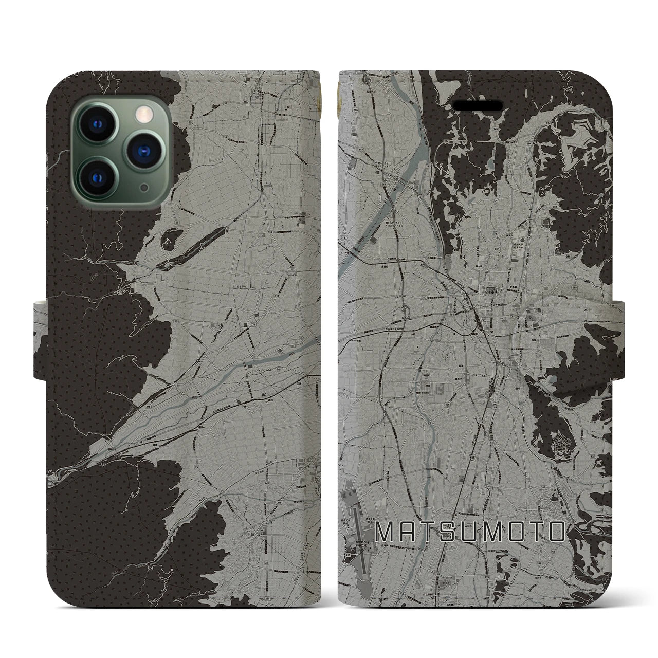 【松本(長野県)】地図柄iPhoneケース(手帳タイプ)モノトーン・iPhone 11 Pro 用