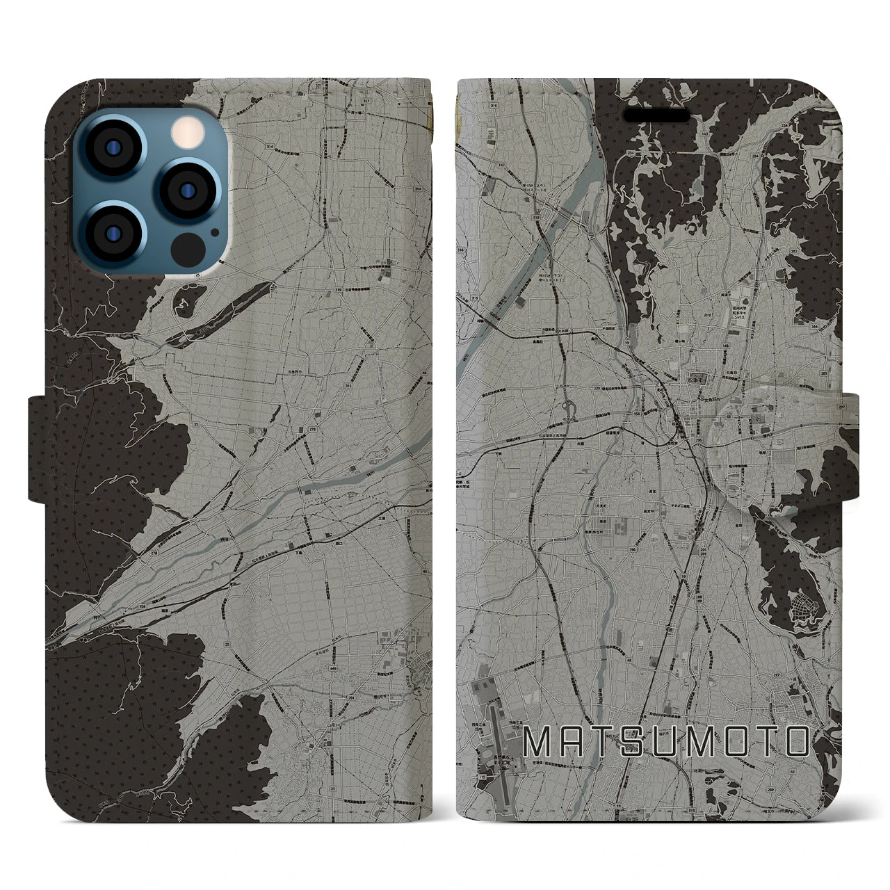【松本(長野県)】地図柄iPhoneケース(手帳タイプ)モノトーン・iPhone 12 / 12 Pro 用