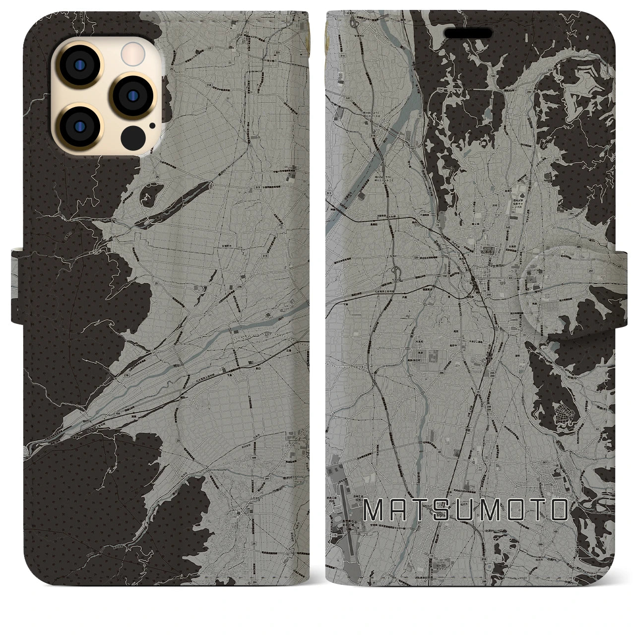 【松本(長野県)】地図柄iPhoneケース(手帳タイプ)モノトーン・iPhone 12 Pro Max 用