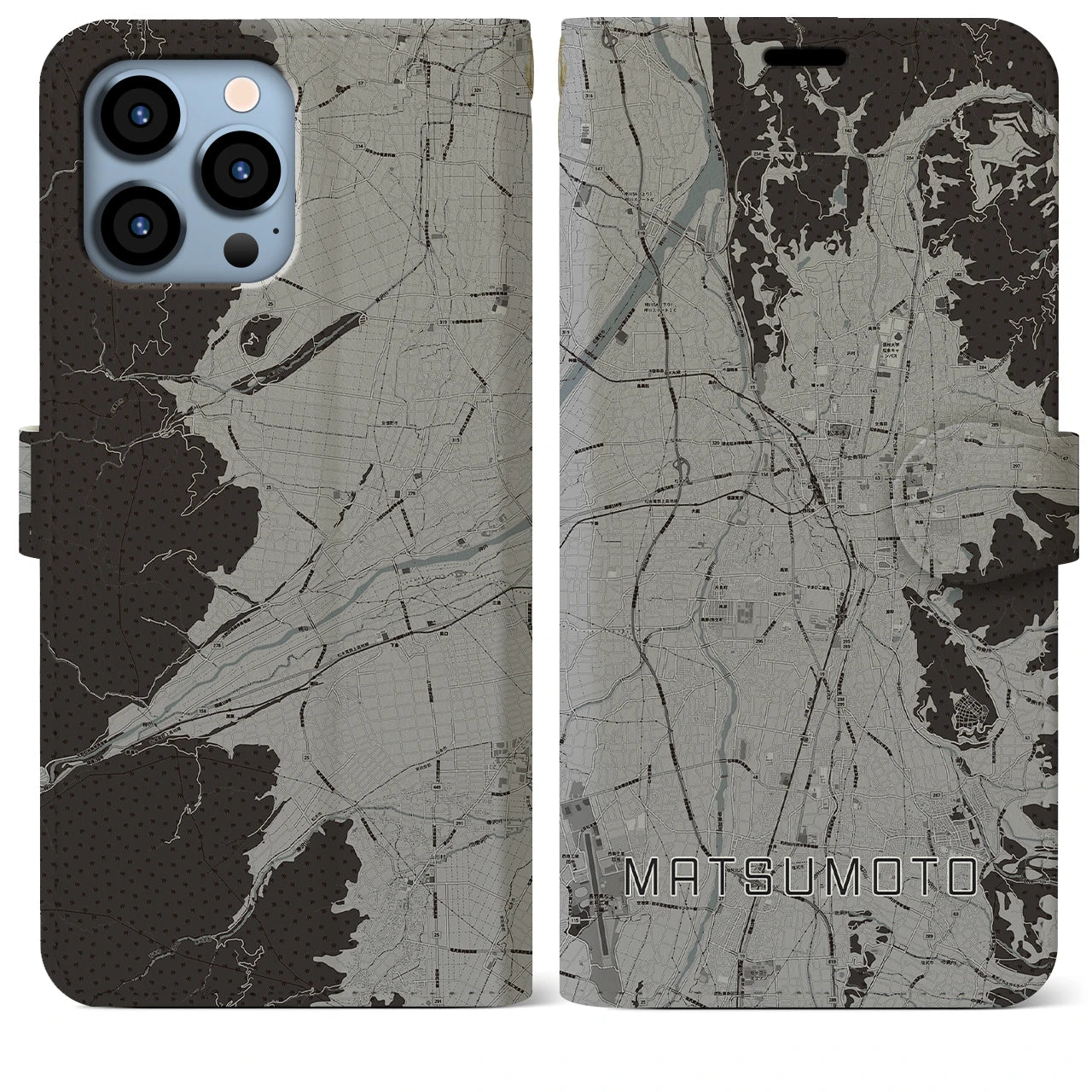 【松本(長野県)】地図柄iPhoneケース(手帳タイプ)モノトーン・iPhone 13 Pro Max 用