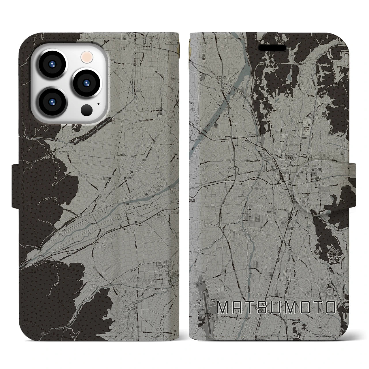 【松本(長野県)】地図柄iPhoneケース(手帳タイプ)モノトーン・iPhone 13 Pro 用