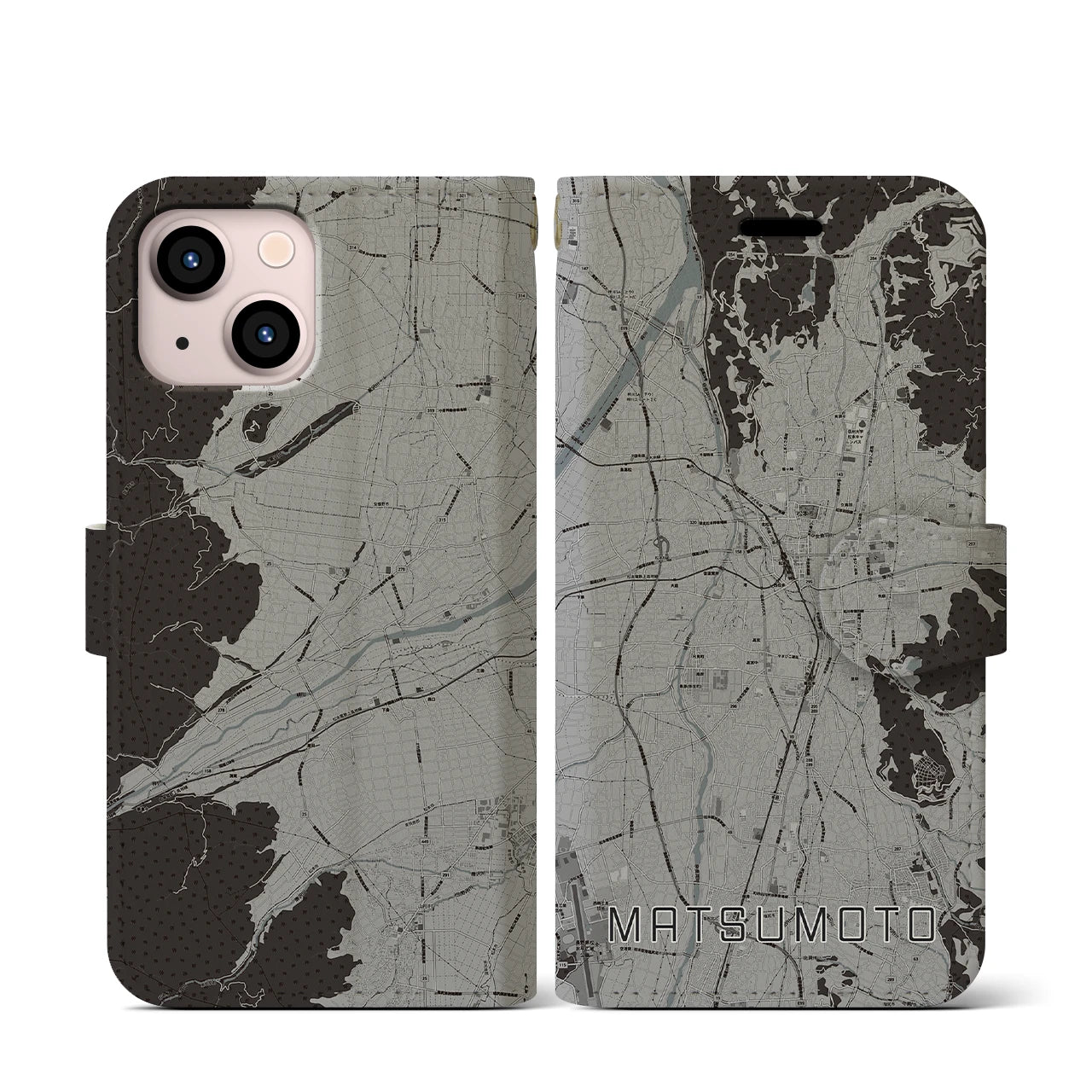 【松本(長野県)】地図柄iPhoneケース(手帳タイプ)モノトーン・iPhone 13 mini 用