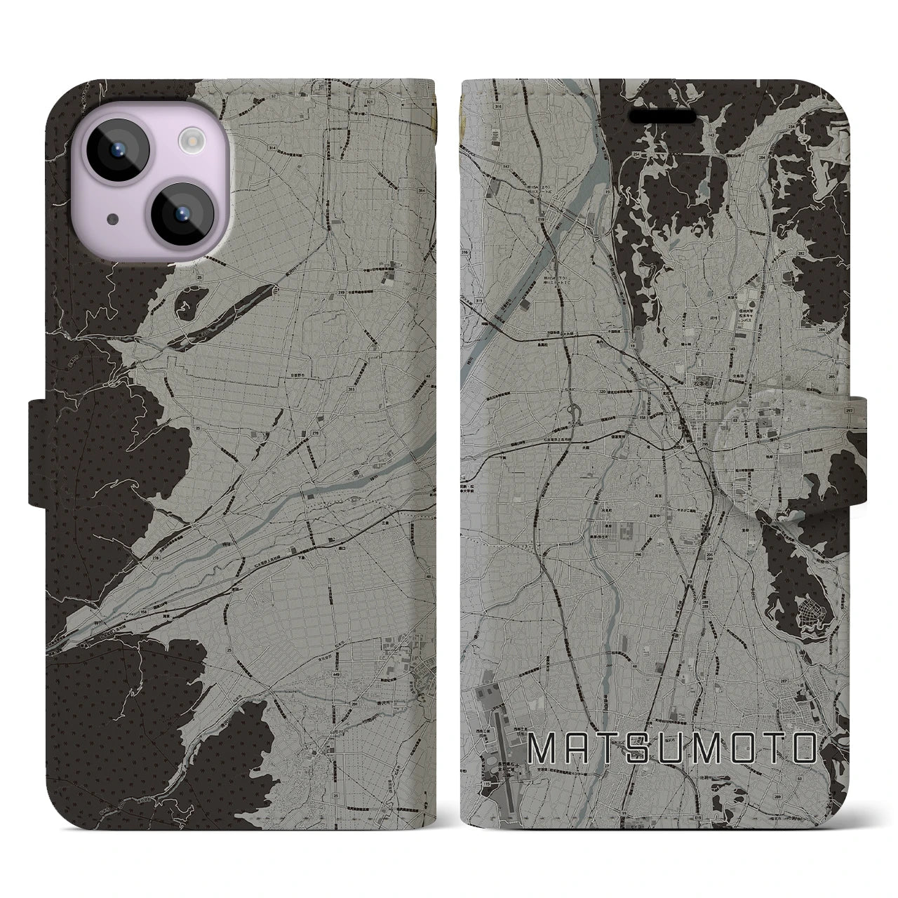 【松本(長野県)】地図柄iPhoneケース(手帳タイプ)モノトーン・iPhone 14 用