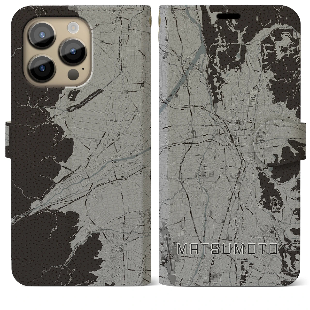 【松本(長野県)】地図柄iPhoneケース(手帳タイプ)モノトーン・iPhone 14 Pro Max 用