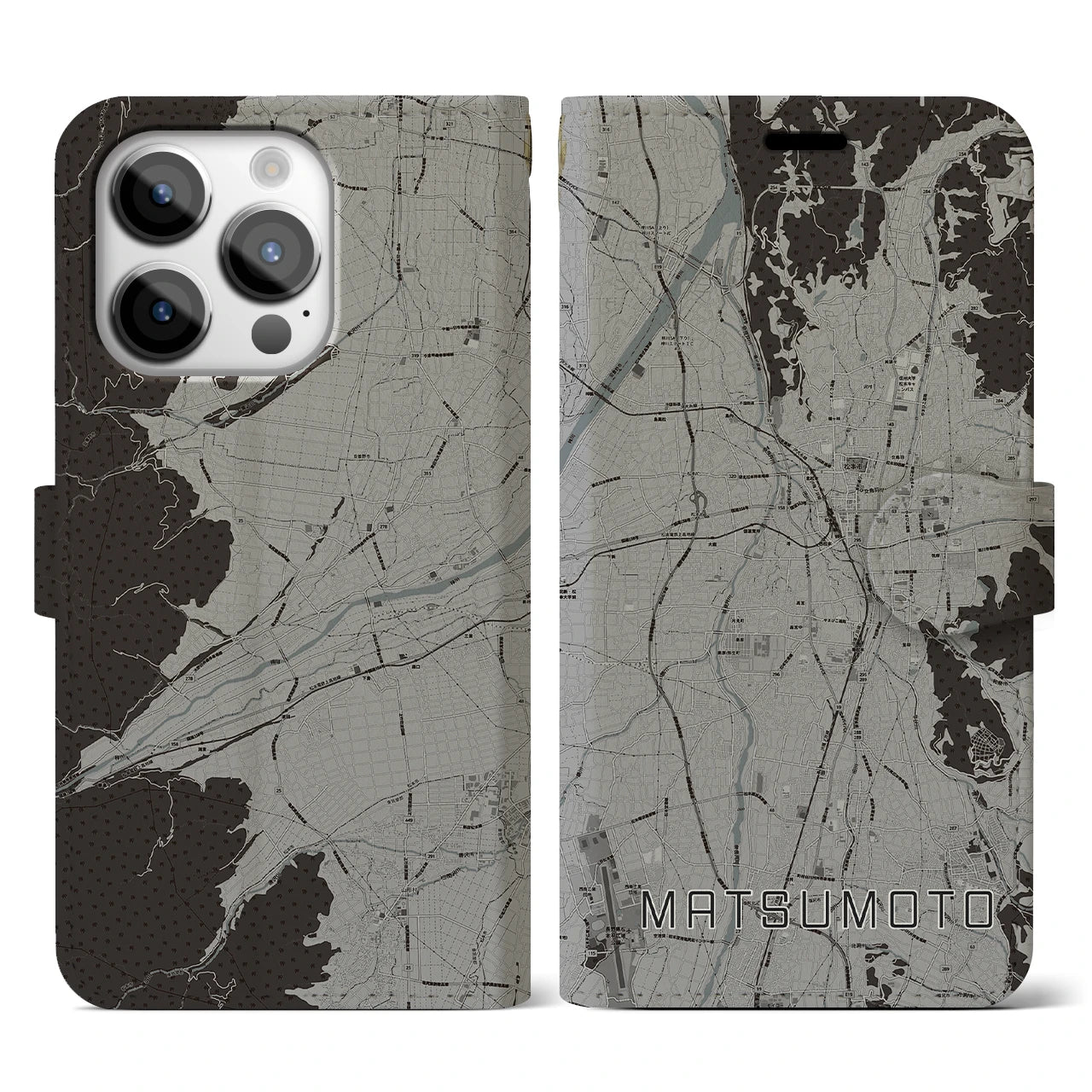 【松本(長野県)】地図柄iPhoneケース(手帳タイプ)モノトーン・iPhone 14 Pro 用