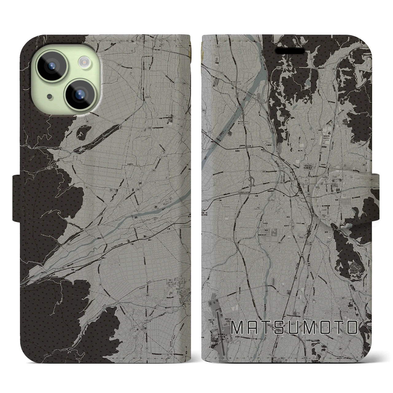 【松本(長野県)】地図柄iPhoneケース(手帳タイプ)モノトーン・iPhone 15 用