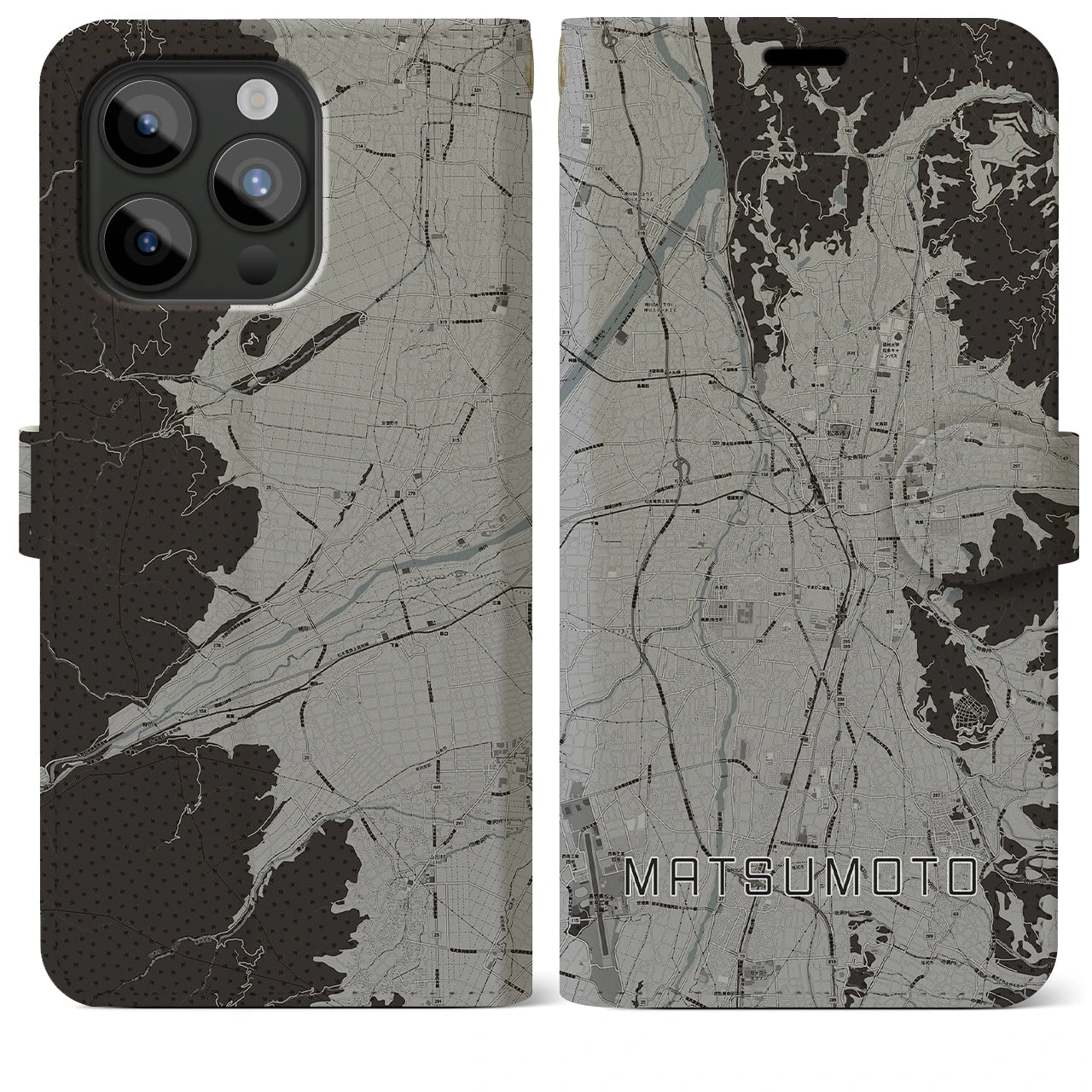 【松本(長野県)】地図柄iPhoneケース(手帳タイプ)モノトーン・iPhone 15 Pro Max 用