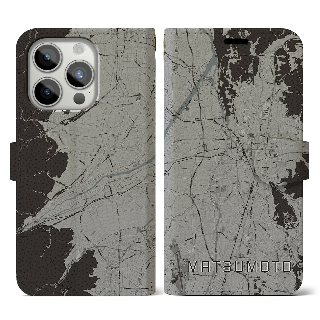 【松本(長野県)】地図柄iPhoneケース(手帳タイプ)モノトーン・iPhone 15 Pro 用