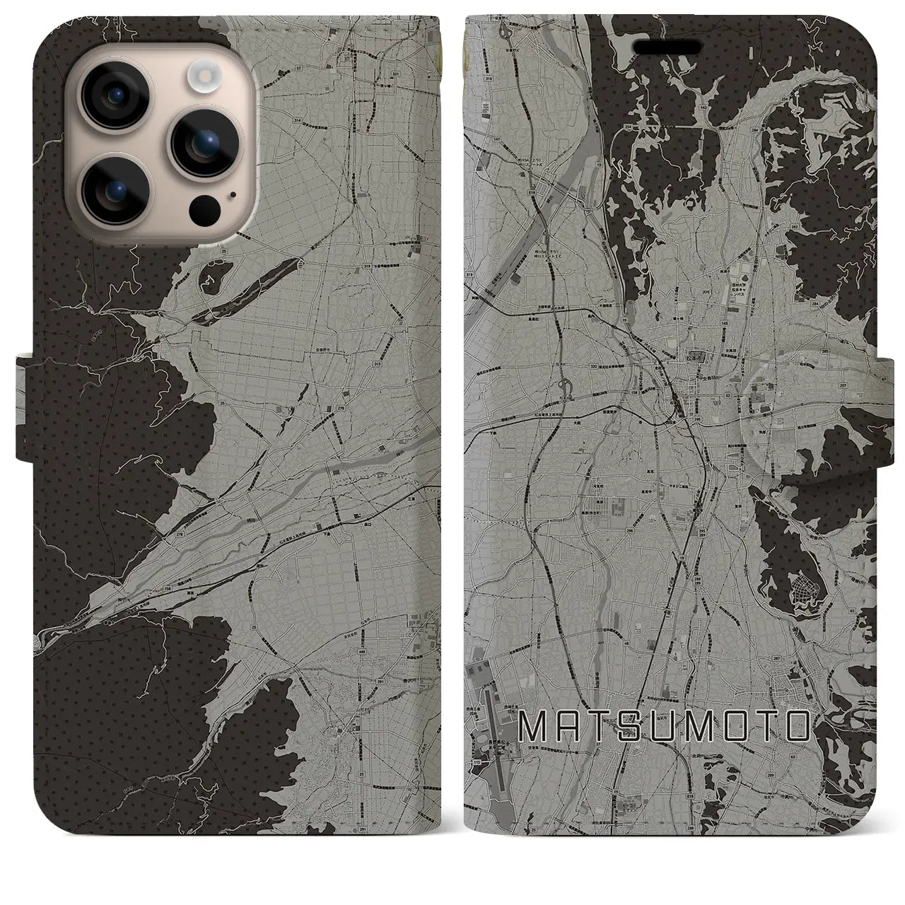 【松本(長野県)】地図柄iPhoneケース(手帳タイプ)モノトーン・iPhone 16 Plus 用