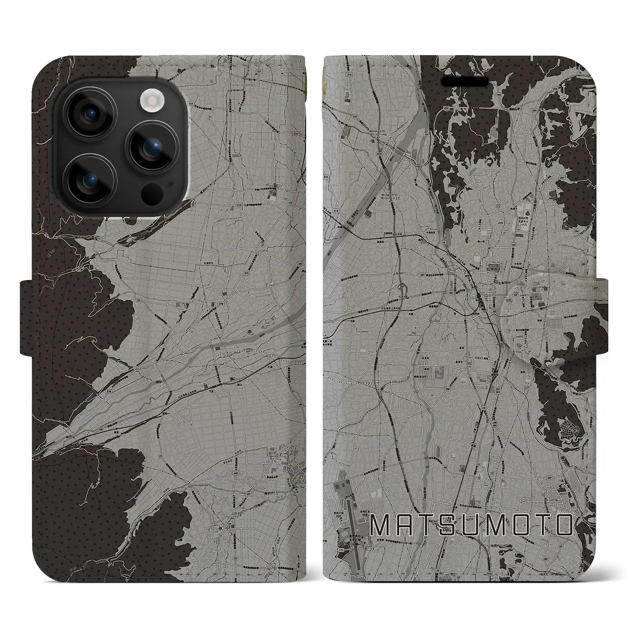 【松本(長野県)】地図柄iPhoneケース(手帳タイプ)モノトーン・iPhone 16 用