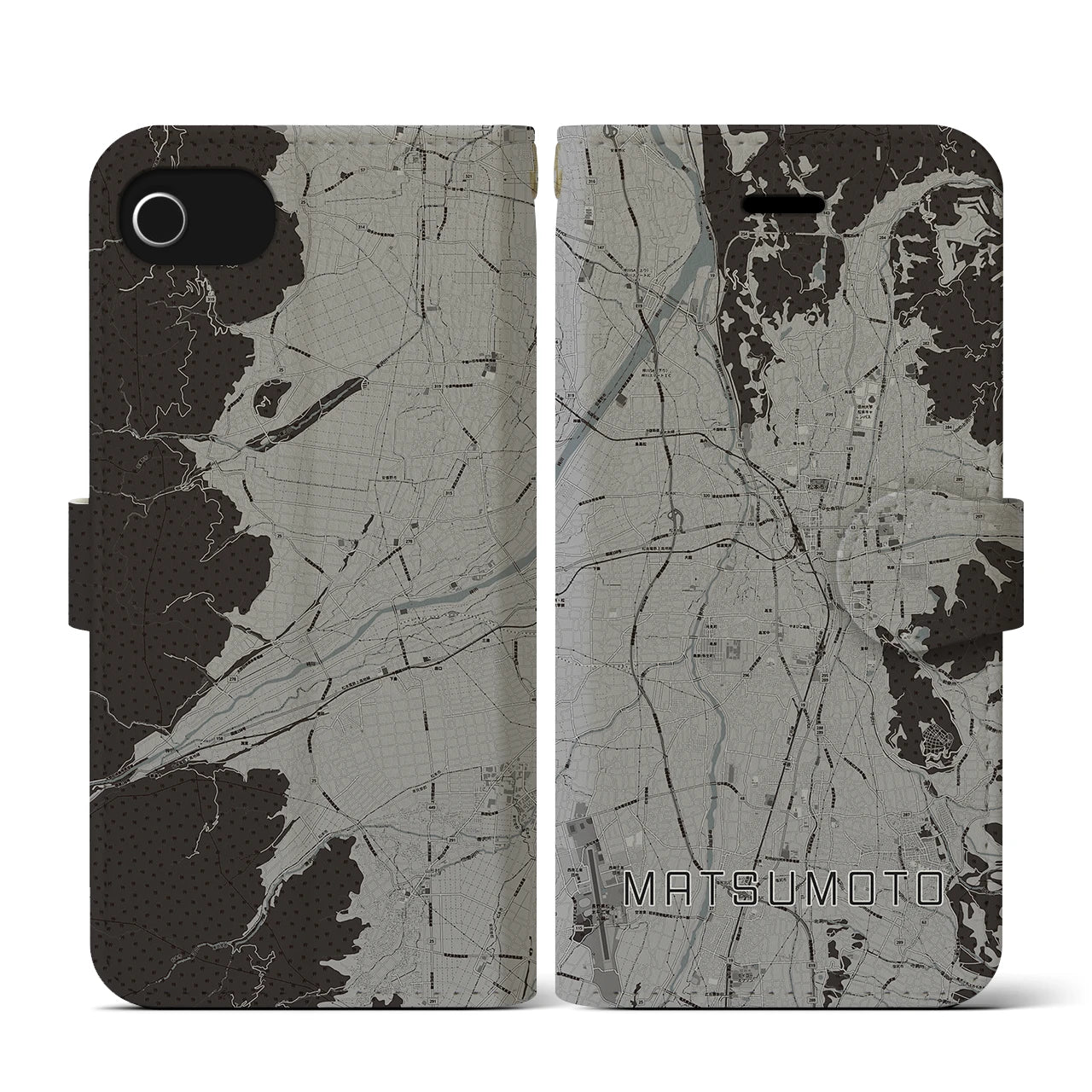 【松本(長野県)】地図柄iPhoneケース(手帳タイプ)モノトーン・iPhone SE(第3 / 第2世代) / 8 / 7 / 6s / 6 用