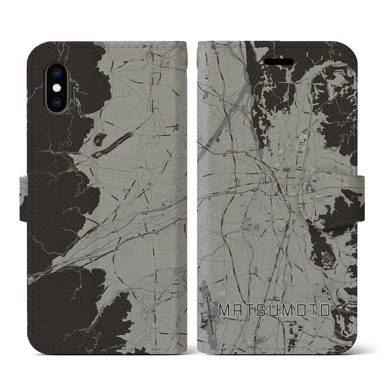【松本(長野県)】地図柄iPhoneケース(手帳タイプ)モノトーン・iPhone XS / X 用