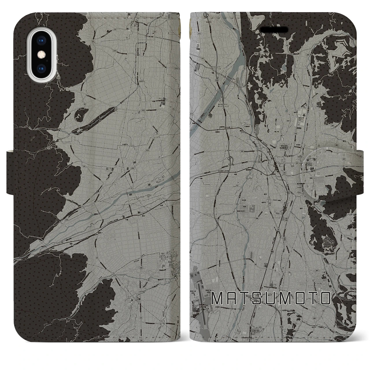【松本(長野県)】地図柄iPhoneケース(手帳タイプ)モノトーン・iPhone XS Max 用