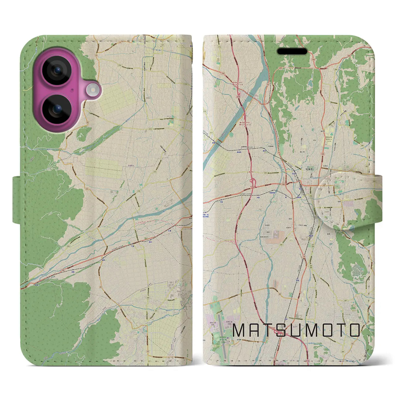 【松本(長野県)】地図柄iPhoneケース(手帳タイプ)ナチュラル・iPhone 16 Pro 用