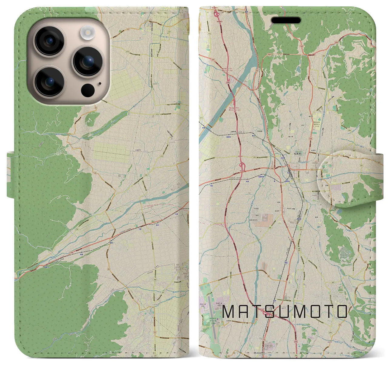 【松本(長野県)】地図柄iPhoneケース(手帳タイプ)ナチュラル・iPhone 16 Plus 用