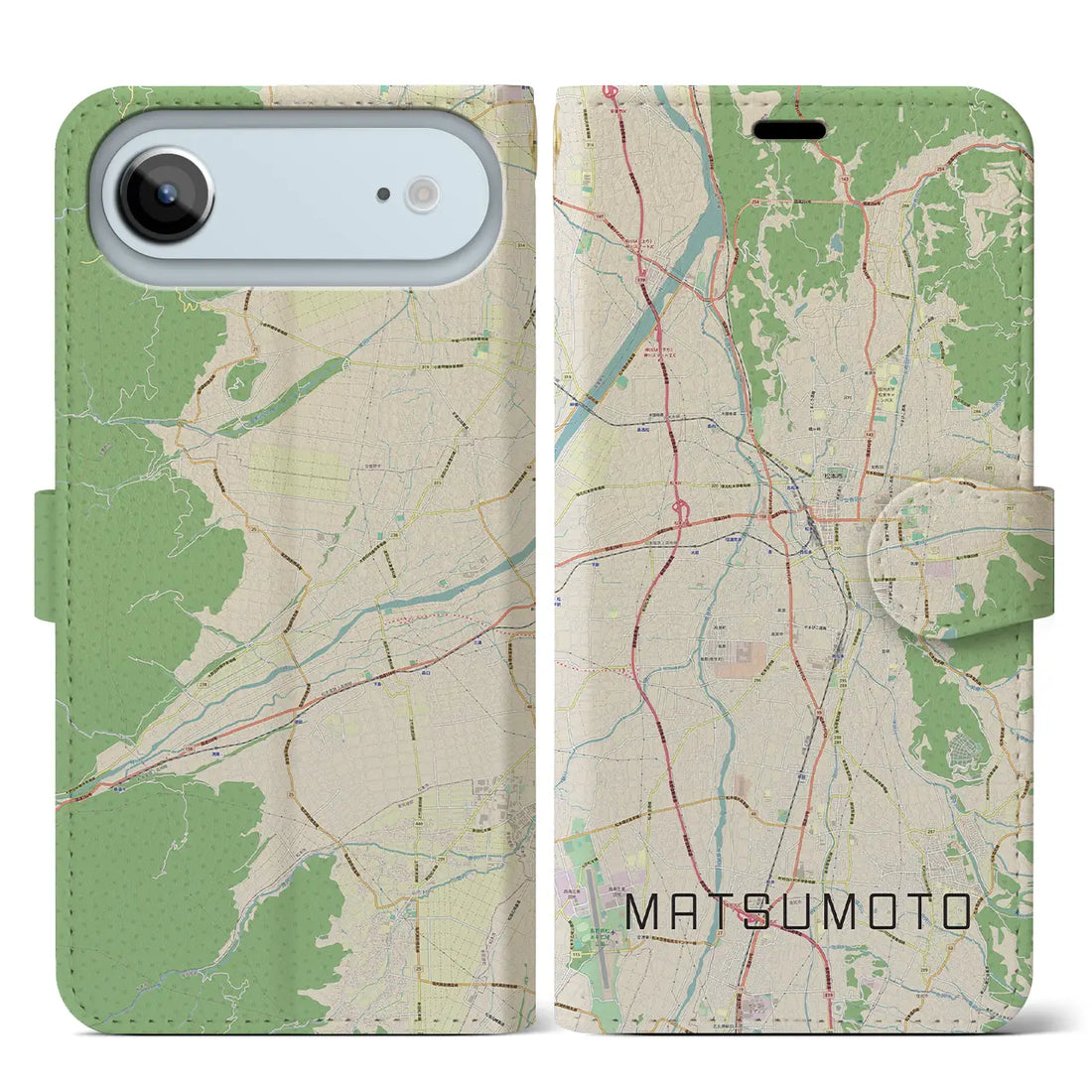 【松本(長野県)】地図柄iPhoneケース(手帳タイプ)ナチュラル・iPhone 17 Pro Max 用