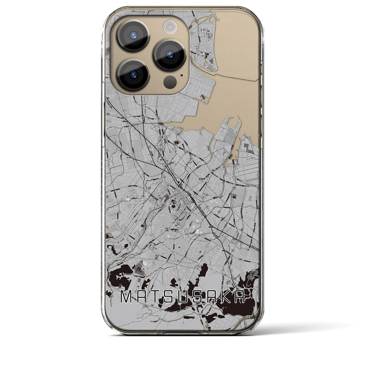 【松阪(三重県)】地図柄iPhoneケース(クリアタイプ)モノトーン・iPhone 14 Pro Max 用