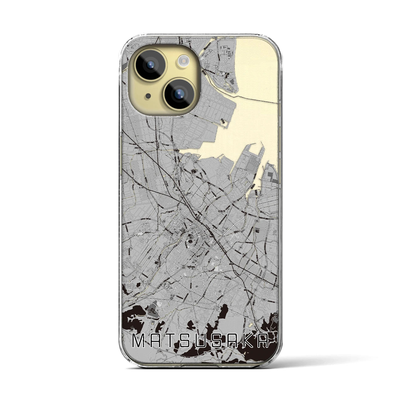 【松阪(三重県)】地図柄iPhoneケース(クリアタイプ)モノトーン・iPhone 15 用