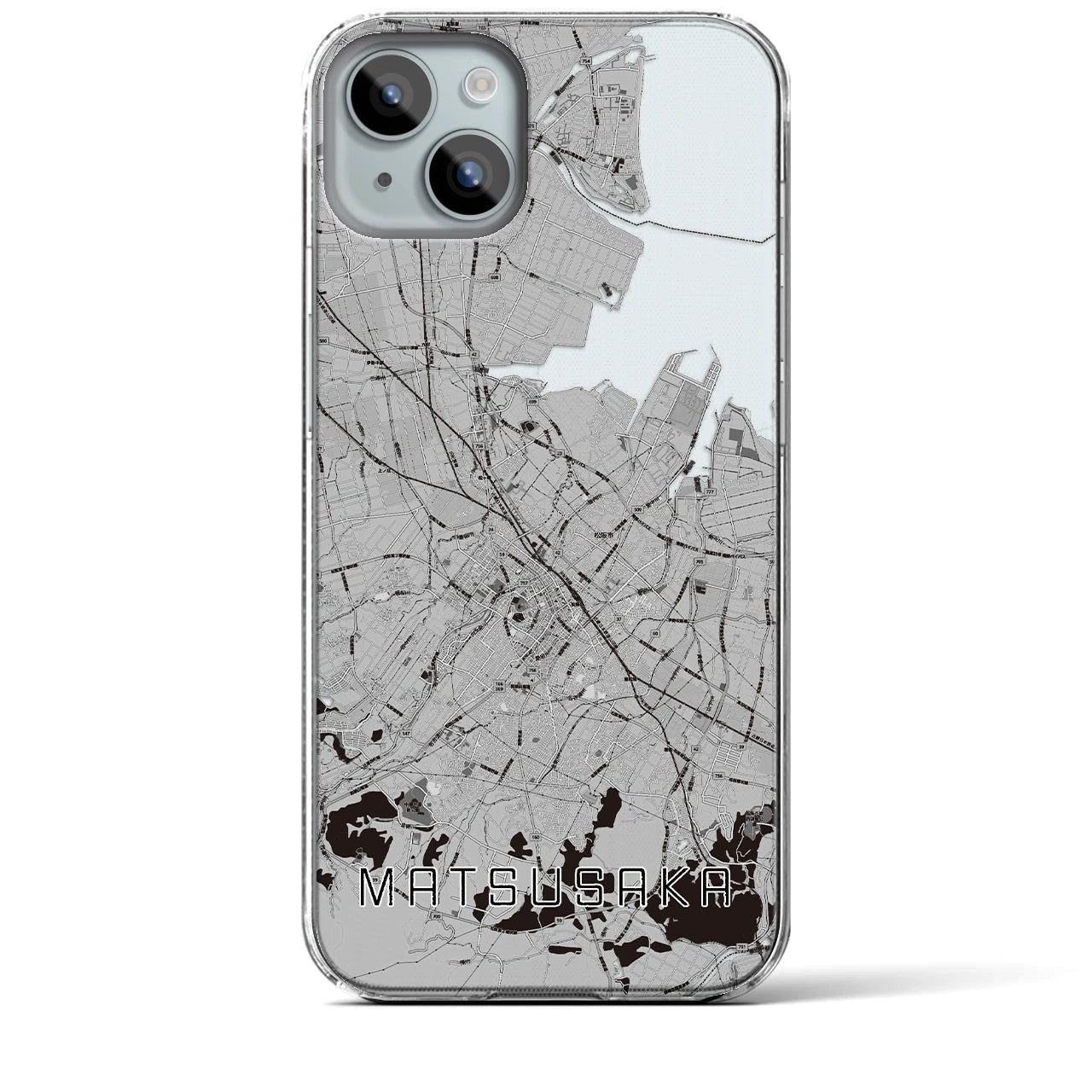 【松阪(三重県)】地図柄iPhoneケース(クリアタイプ)モノトーン・iPhone 15 Plus 用