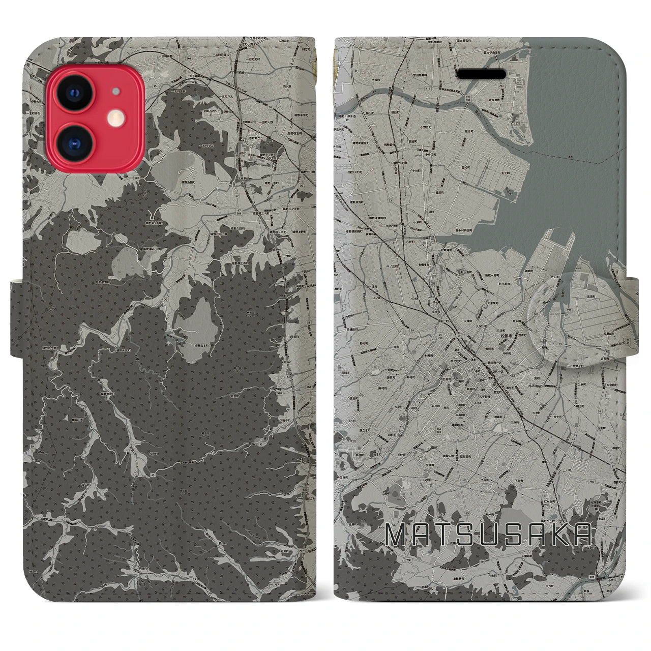 【松阪(三重県)】地図柄iPhoneケース(手帳タイプ)モノトーン・iPhone 11 用