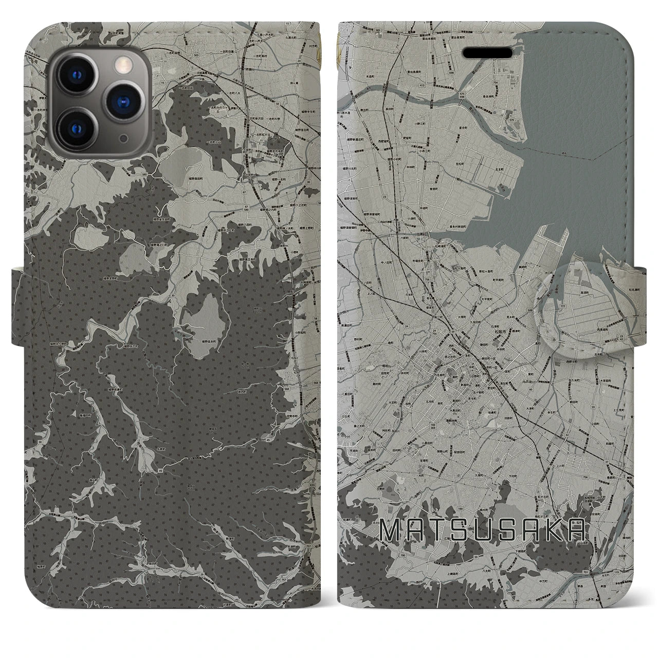 【松阪(三重県)】地図柄iPhoneケース(手帳タイプ)モノトーン・iPhone 11 Pro Max 用