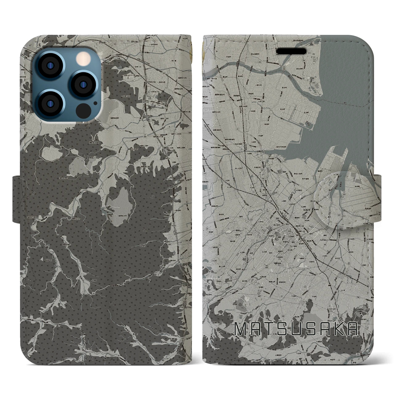 【松阪(三重県)】地図柄iPhoneケース(手帳タイプ)モノトーン・iPhone 12 / 12 Pro 用