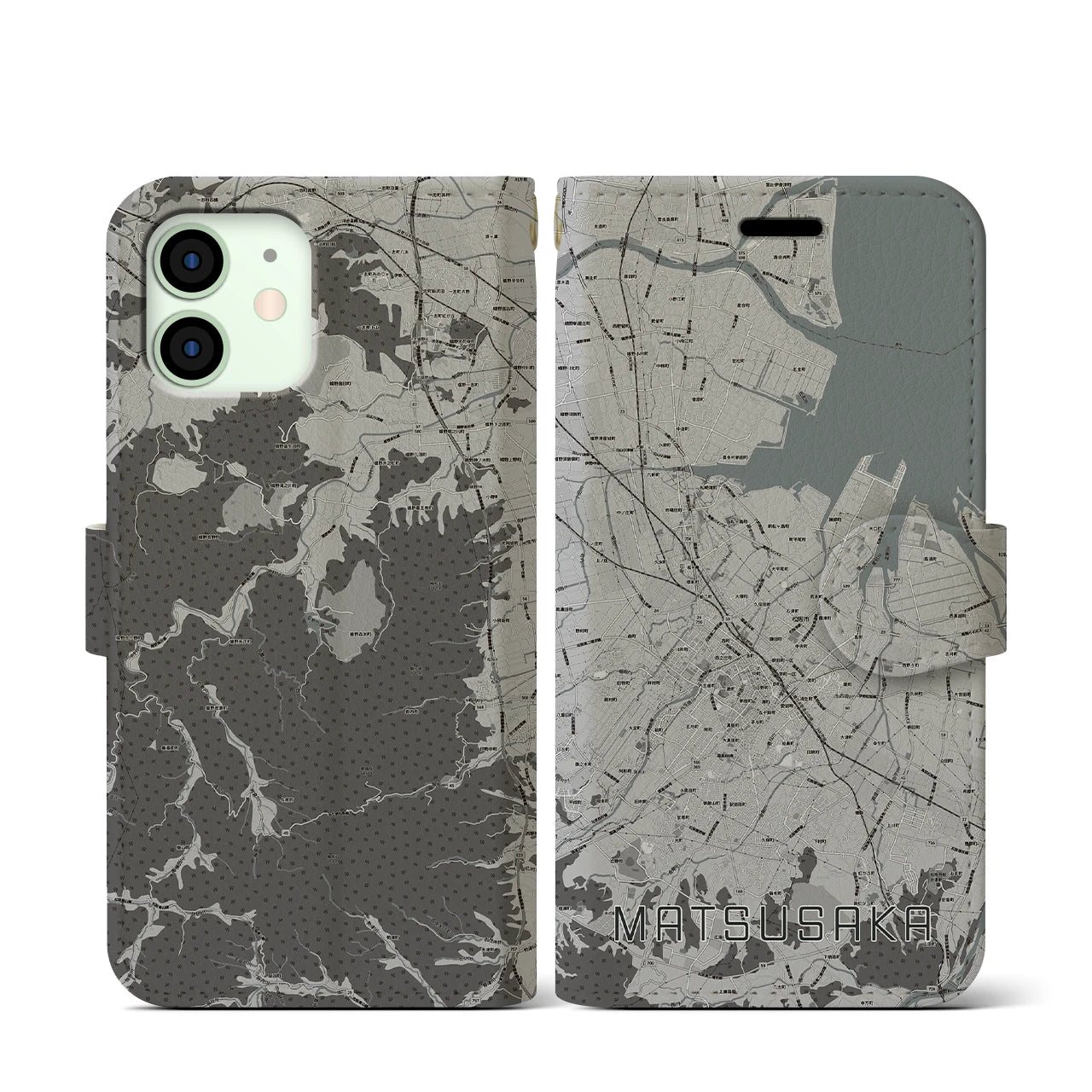 【松阪(三重県)】地図柄iPhoneケース(手帳タイプ)モノトーン・iPhone 12 mini 用