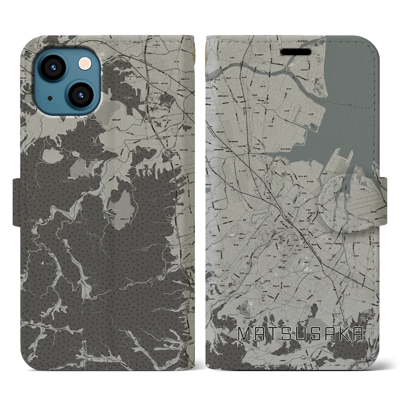 【松阪(三重県)】地図柄iPhoneケース(手帳タイプ)モノトーン・iPhone 13 用