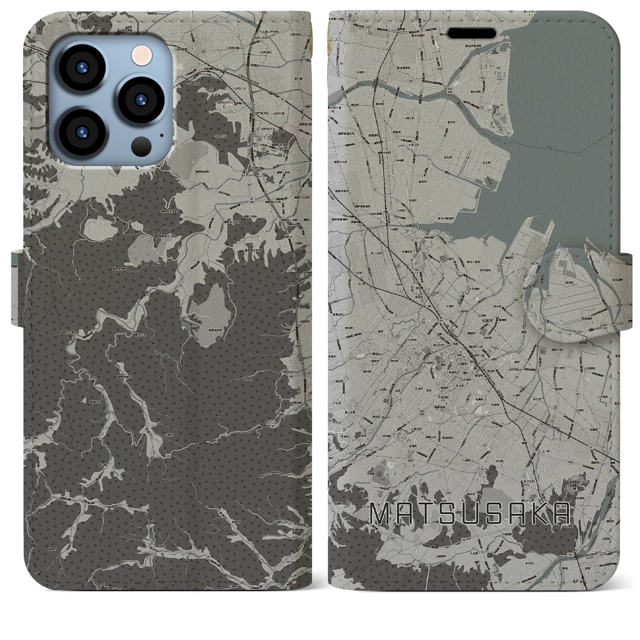 【松阪(三重県)】地図柄iPhoneケース(手帳タイプ)モノトーン・iPhone 13 Pro Max 用