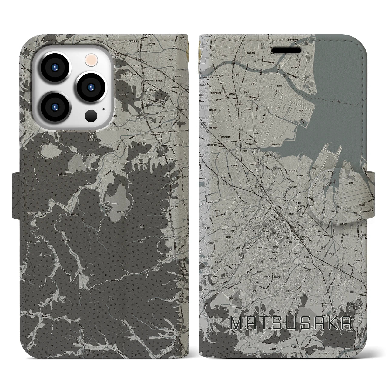 【松阪(三重県)】地図柄iPhoneケース(手帳タイプ)モノトーン・iPhone 13 Pro 用