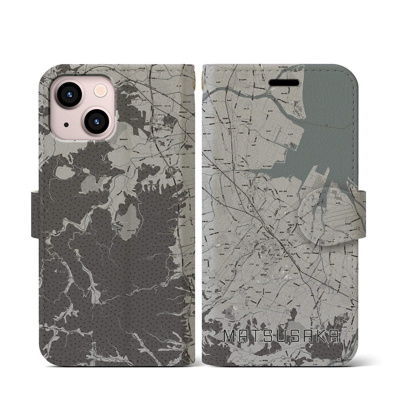 【松阪(三重県)】地図柄iPhoneケース(手帳タイプ)モノトーン・iPhone 13 mini 用