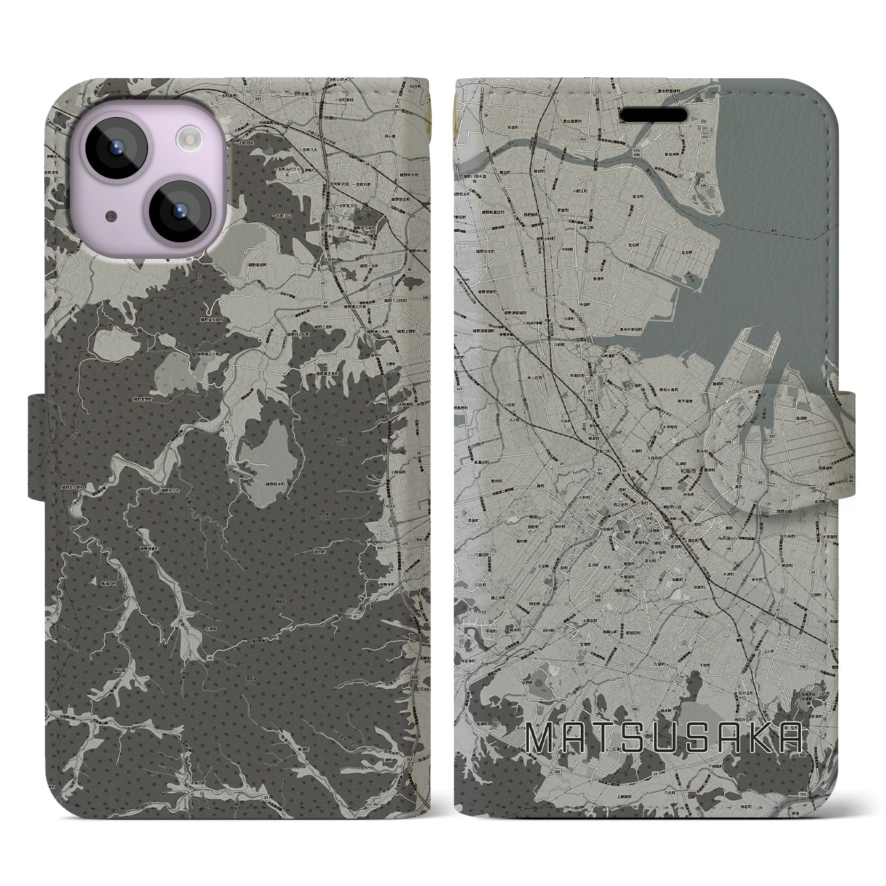 【松阪(三重県)】地図柄iPhoneケース(手帳タイプ)モノトーン・iPhone 14 用