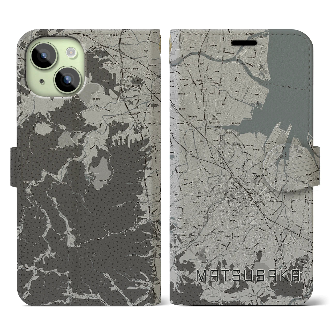 【松阪(三重県)】地図柄iPhoneケース(手帳タイプ)モノトーン・iPhone 15 用