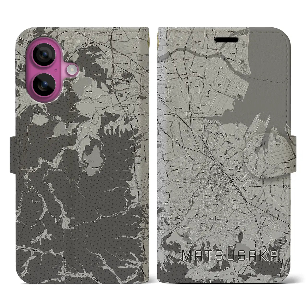 【松阪(三重県)】地図柄iPhoneケース(手帳タイプ)モノトーン・iPhone 16 Pro 用