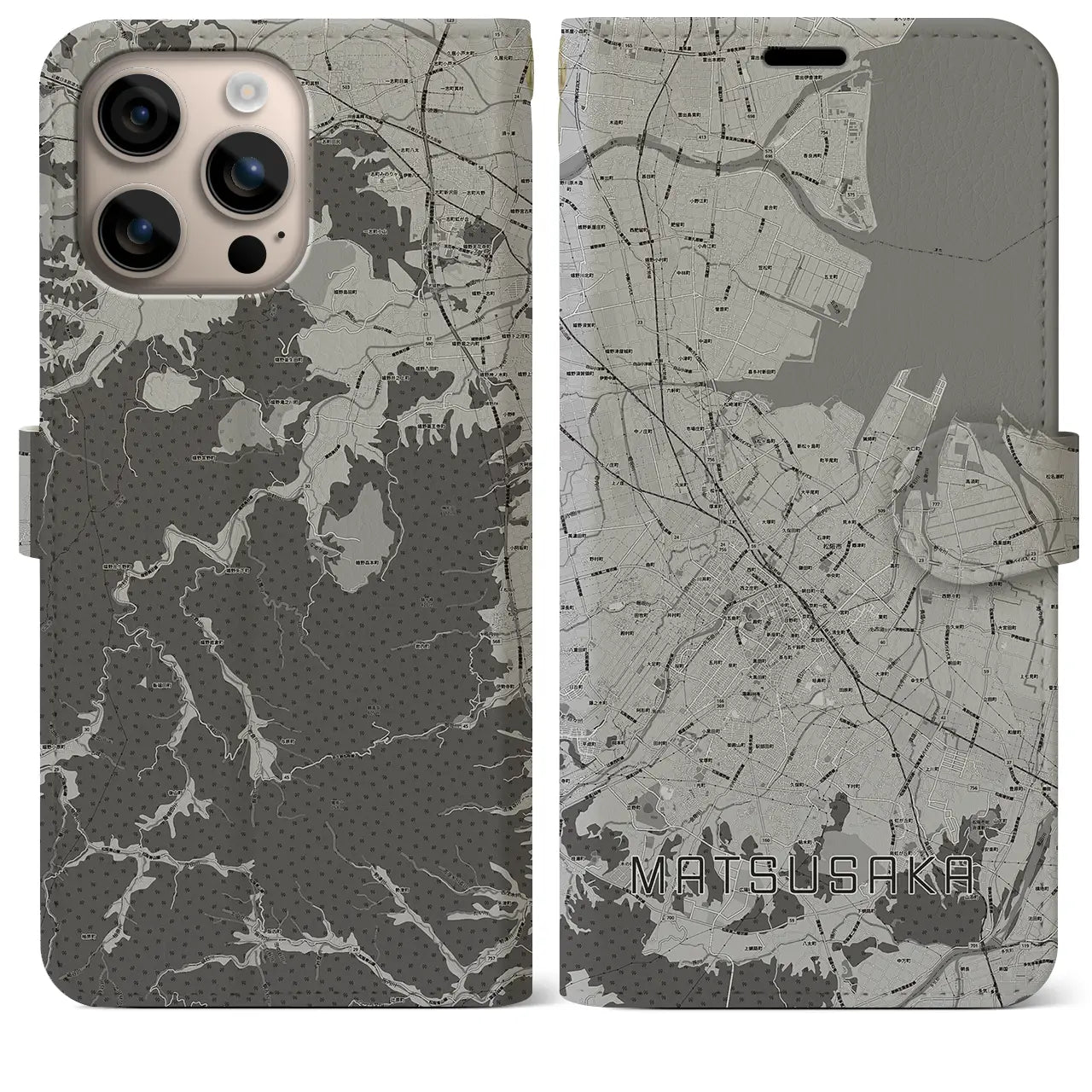 【松阪(三重県)】地図柄iPhoneケース(手帳タイプ)モノトーン・iPhone 16 Plus 用