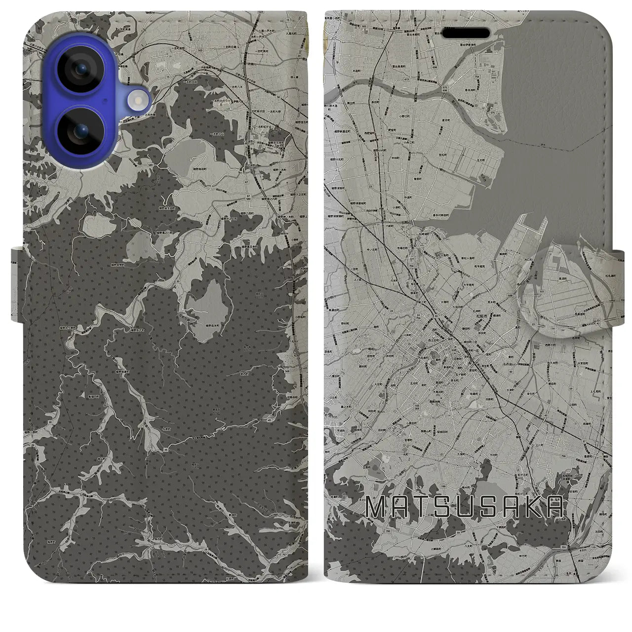 【松阪(三重県)】地図柄iPhoneケース(手帳タイプ)モノトーン・iPhone 16 Pro Max 用