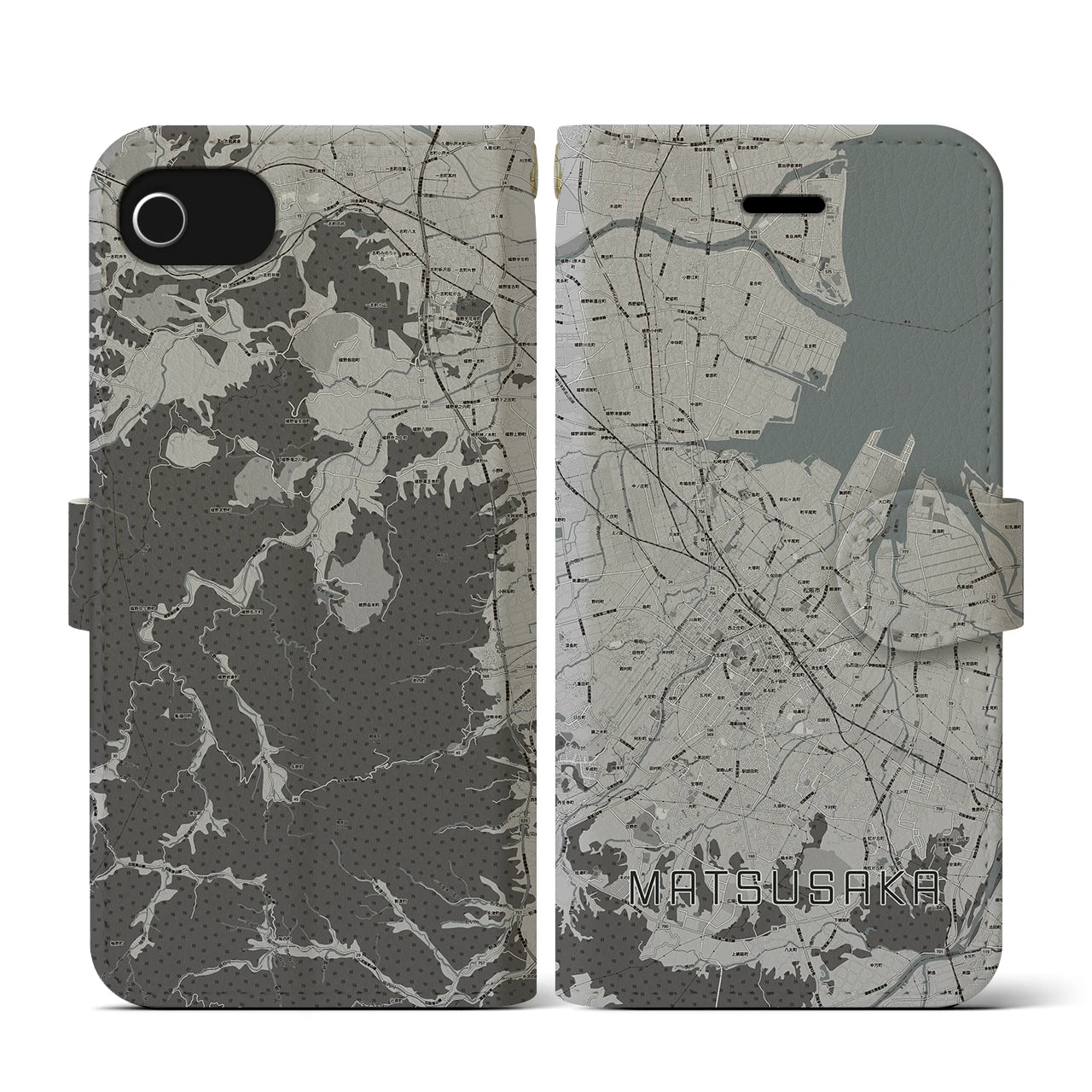 【松阪(三重県)】地図柄iPhoneケース(手帳タイプ)モノトーン・iPhone SE(第3 / 第2世代) / 8 / 7 / 6s / 6 用