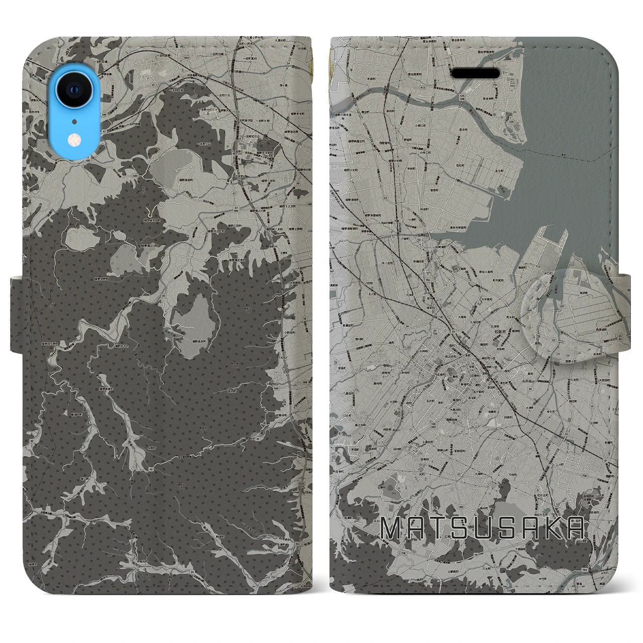 【松阪(三重県)】地図柄iPhoneケース(手帳タイプ)モノトーン・iPhone XR 用