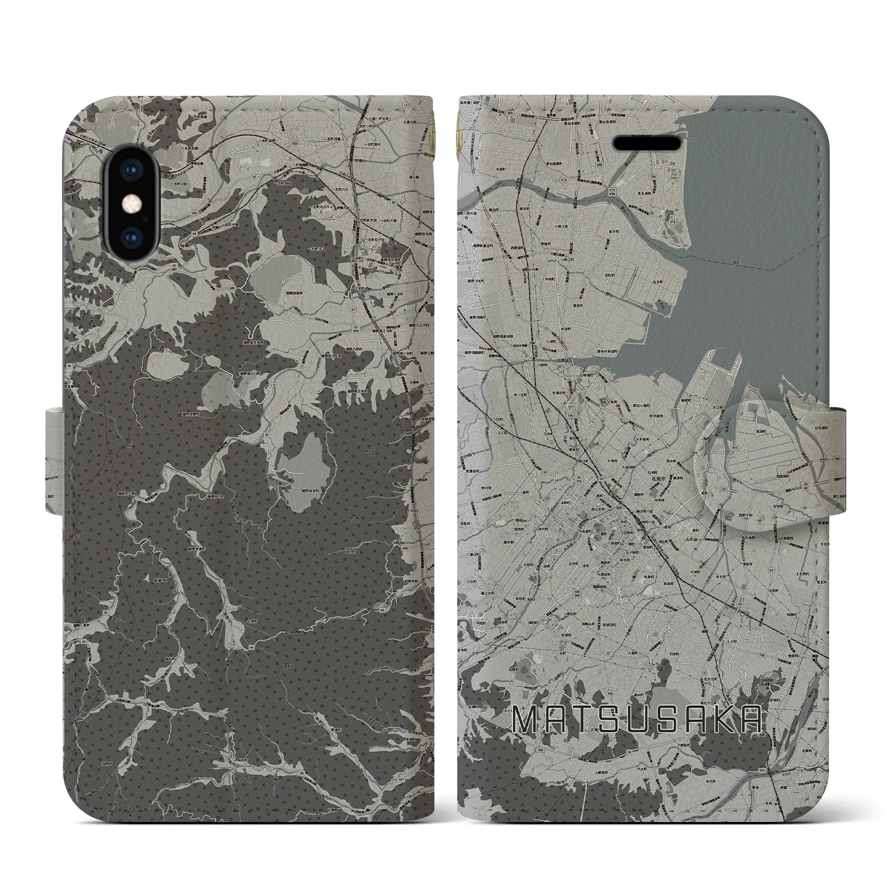 【松阪(三重県)】地図柄iPhoneケース(手帳タイプ)モノトーン・iPhone XS / X 用